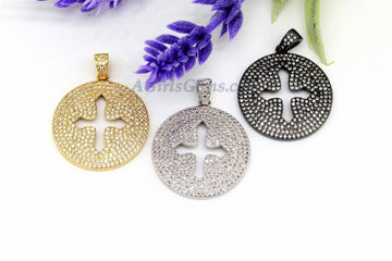 Round Disc Cross Pendant, CZ Micro Pave Cross 18 k Gold/Silver/Black Rhodium Plated Beads Cubic Zirconia Paved Holy Cross for Jewelry Making
